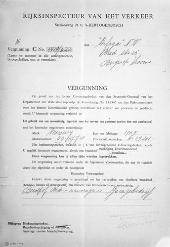 Vergunning voor personenvervoer, 1940 (collectie West-Brabants Archief)