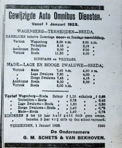 Rijtijden en tarieven van de busmaatschappij, 1923 (Collectie G. Reniers)