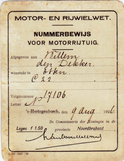 Nummerbewijs W. den Dekker (collectie G. den Dekker)