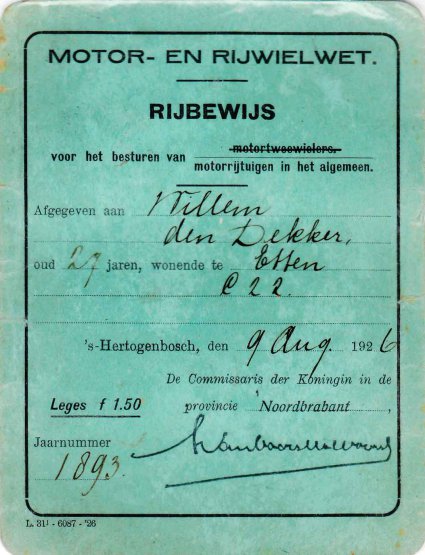 Rijbewijs W. den Dekker (collectie G. den Dekker)