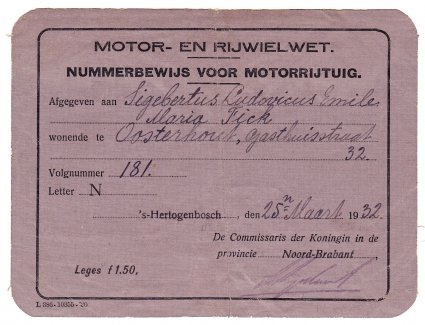 Nummerbewijs van S.L.E.M. Fick, Oosterhout 1932.