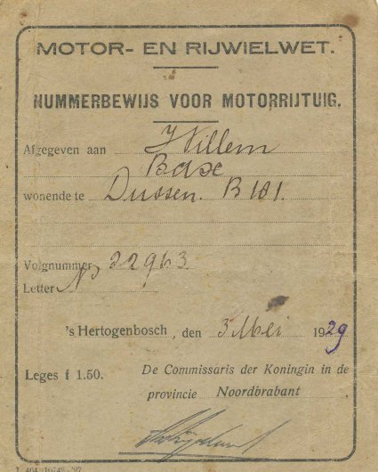 Nummerbewijs, 1929 (collectie T. Lensvelt)