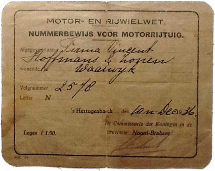 Nummerbewijs t.n.v. de Firma Hoffmans in Waalwijk (Collectie B. Hoffmans)