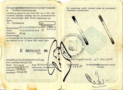 Vergunning voor de Triumph van H. Bouwmans (Collectie T. Bouwmans)
