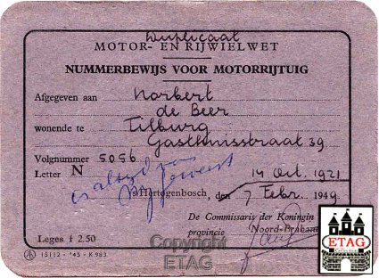 Nummerbewijs van N. de Beer (collectie ETAG)