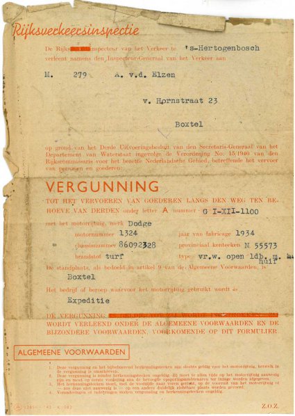 Vervoersvergunning, feb. 1944 (coll. fam. v.d. Elzen)
