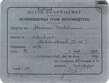 Duplicaat nummerbewijs, 1949 (bron: De vooroorlogse autogeschiedenis van Udenhout)