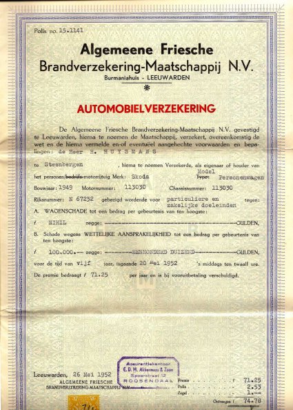 Verzekeringsbewijs van de Skoda (collectie H. v. Oers-Huijsmans)
