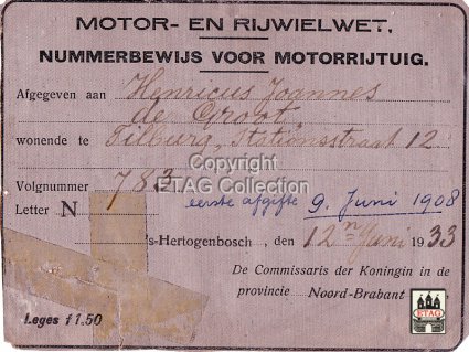 Nummerbewijs N-783, 1933 (collectie ETAG)