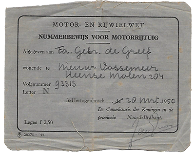 Het nummerbewijs van de Fa. De Greef uit Nieuw-Vossemeer (Collectie C.M. de Greef)