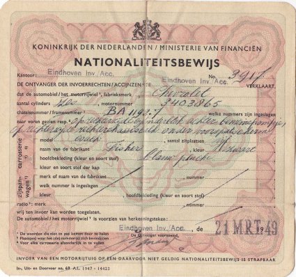 Nationaliteitsbewijs voor Chevrolet (collectie C. Vogels)