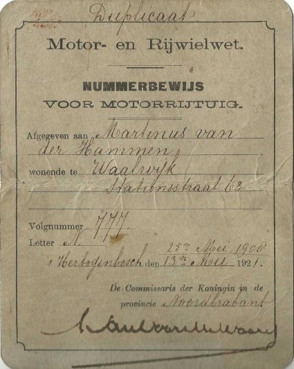 Duplicaat nummerbewijs, 1928 (collectie G. van der Hammen)