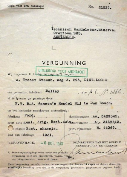 Vergunning voor gasgenerator, 1943 (archief P. Pietjouw)