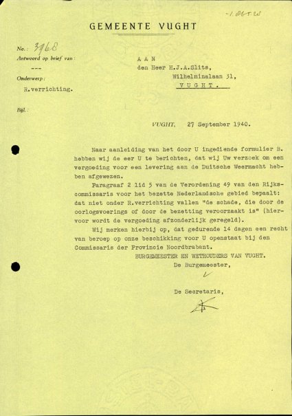 Afwijzing van de schadevergoeding (BHIC, archief gemeente Vught 1931-1985, inv. nr. 1011, scan 143)