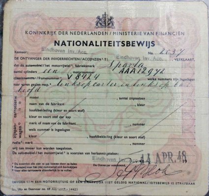 N-54938 Nationaliteitsbewijs van de motor (foto: Ad van Zelst)