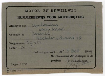 Nummerbewijs (bron: Heemkunde Boxtel)