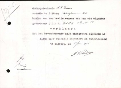 Verklaring van eigendom (bron: Regionaal Archief Tilburg, Archief gemeentebestuur Tilburg 1938-1985, inv. nr. 5631, scan 219)