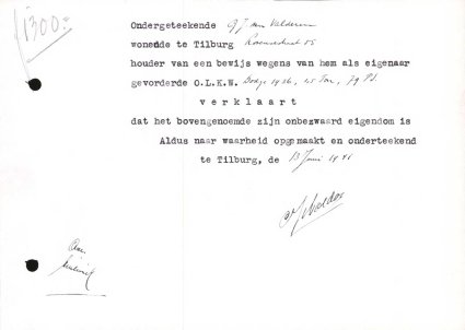 Verklaring van eigendom (bron: Regionaal Archief Tilburg, Archief gemeentebestuur Tilburg 1938-1985, inv. nr. 5631, scan 220)