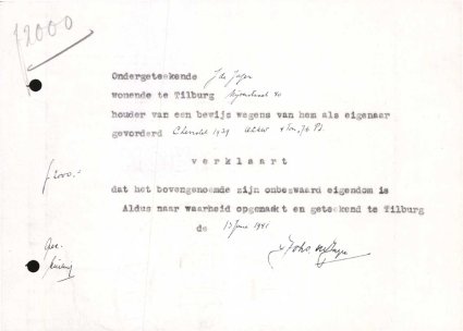 Verklaring van eigendom (bron: Regionaal Archief Tilburg, Archief gemeentebestuur Tilburg 1938-1985, inv. nr. 5631, scan 223)