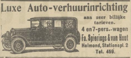 Advertentie van Spierings & Van Hout voor auto-verhuurinrichting (Bron: De Zuid-Willemsvaart, 1 aug. 1931)