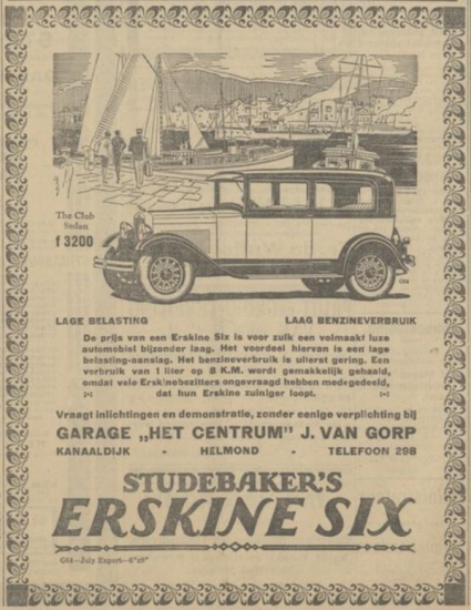 Advertentie autogarage Het Centrum van J. van Gorp, Helmond (De Zuid-Willemsvaart, 14 juli 1928)