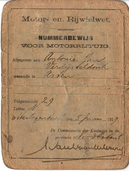 Nummerbewijs van A.J. Verdijsseldonck, 1919 (Bron: archief firma Yesterdays, Nederweert)