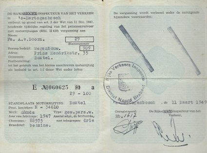 Rijvergunning A. van Doorn 1949 (coll. familie Van Doorn)