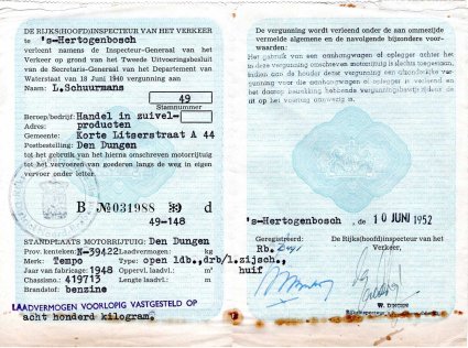 Rijvergunning voor een Tempo, 1952 (Bron: coll. HKV Op die Dunghen)