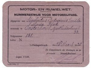 Nummerbewijs van S.L.E.M. Fick, Oosterhout 1932. Nummerbewijs van S.L.E.M. Fick, Oosterhout 1932.
