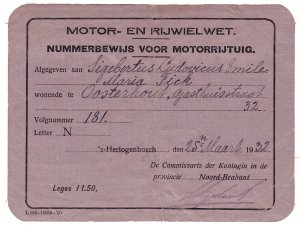 Nummerbewijs van S.L.E.M. Fick, Oosterhout 1932.
