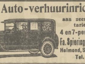 Advertentie van Spierings & Van Hout voor auto-verhuurinrichting (Bron: De Zuid-Willemsvaart, 1 aug. 1931)