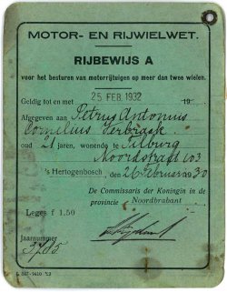 Rijbewijs van Piet Verbraak, 1930
