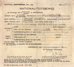 Nationaliteitsbewijs voor een Plymouth, 1935